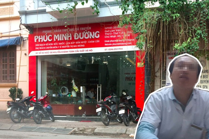 Bên ngoài Phòng khám Phúc Minh Đường và một người tự nhận là thầy thuốc tại cơ sở này. Bên ngoài Phòng khám Phúc Minh Đường và một người tự nhận là thầy thuốc tại cơ sở này.
