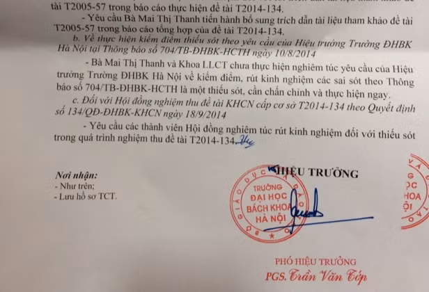 Phần cuối thông báo kết luận số 453 của Đại học Bách Khoa Hà Nội