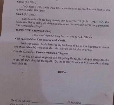 Trích đề kiểm tra Lịch sử học kỳ 2 của tỉnh Đồng Tháp đã bị lộ trên mạng xã hội (ảnh: CTV)