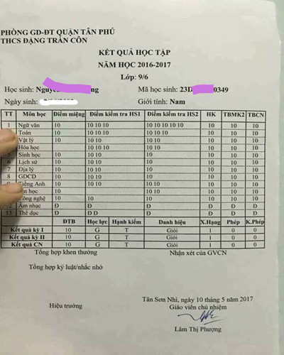 Phiếu điểm toàn điểm 10 là đã bị 1 học sinh của lớp 9/6, trường Đặng Trần Côn chỉnh sửa (ảnh: CTV)