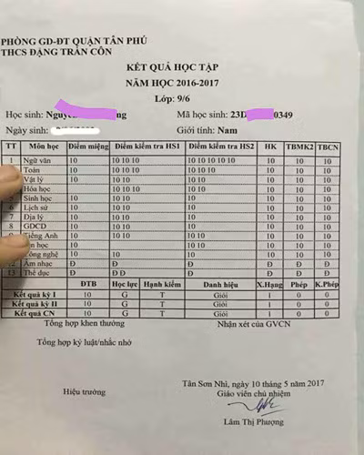 Phiếu điểm toàn điểm 10 là đã bị 1 học sinh của lớp 9/6, trường Đặng Trần Côn chỉnh sửa (ảnh: CTV)