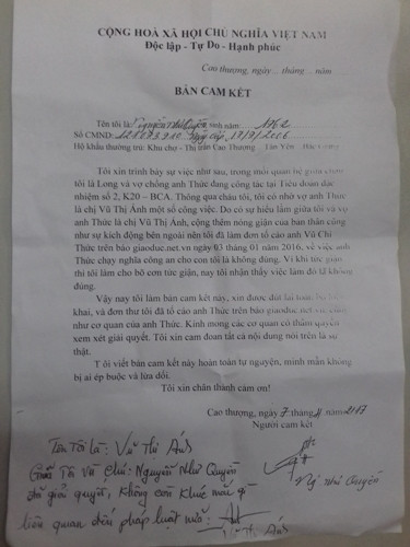 Ông Nguyễn Như Quyền xác nhận, đây mới là bản cam kết thật, do chính tay ông đánh máy (ảnh: CTV) Ông Nguyễn Như Quyền xác nhận, đây mới là bản cam kết thật, do chính tay ông đánh máy (ảnh: CTV)