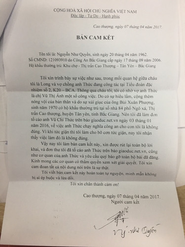 Bản cam kết này đã được ông Nguyễn Như Quyền xác nhận là giả, nội dung không đúng (Ảnh: P.L) Bản cam kết này đã được ông Nguyễn Như Quyền xác nhận là giả, nội dung không đúng (Ảnh: P.L)