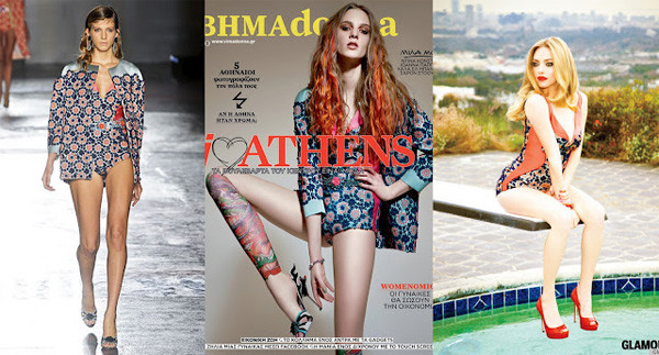 Người mẫu Hy Lạp Rosanna Georgiou (trái) trên Vima Donna và nữ diễn viên tóc vàng Amanda Seyfried trên Elle, cô kết hợp với giày cao gót Jimmy Choo.