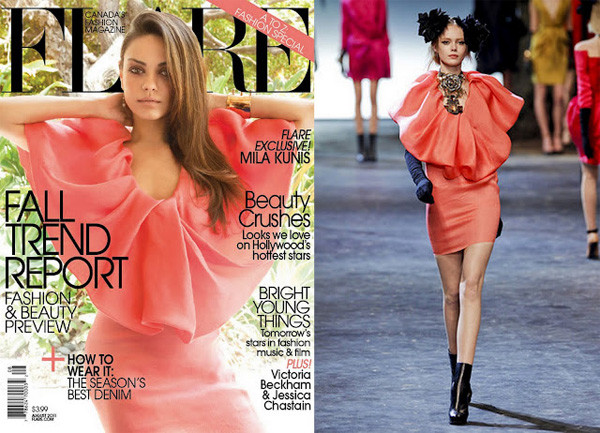 Nữ diễn viên người Mỹ gốc Nga, Mila Kunis, bay bổng trên tạp chí Flare, Canada, trong mẫu thiết kế sáng tạo với phần đường viền cổ áo lớn, màu cá hồi của Lavin.