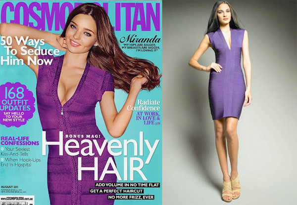 'Thiên thần của Victoria's secret'"Miranda Kerr khoe trọn những đường cong hoàn mỹ trên tạp chí Cosmopolitan, Australia. Bộ váy màu tím sẫm bó sát của Herve Leger khá 'kén' người mặc nên nếu không có đôi gò bồng đảo, vòng mông nở nang cùng vòng eo thon gọn, bạn tránh mặc kiểu thiết kế này.