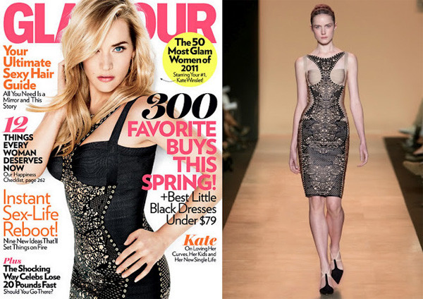 Diễn viên Kate Winslet không bao giờ quên phô diễn vẻ đẹp 'bốc lửa' của mình mỗi lần xuất hiện. Cô khoe được vòng một đầy đặn trong chiếc váy Hervé Léger trên tạp chí Glamour, Mỹ.