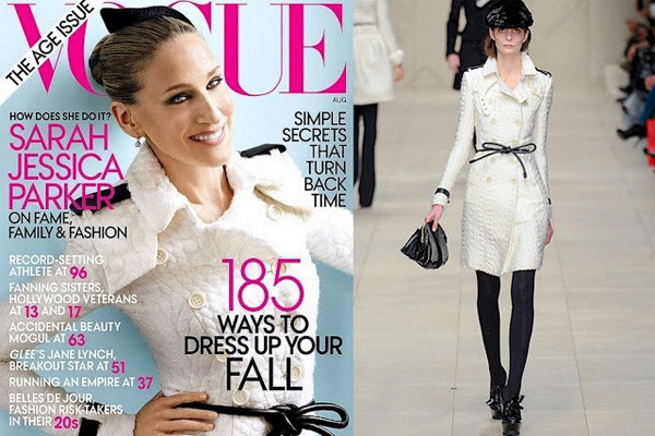 Màu trắng rất hợp với những người có thân hình mảnh mai như Sarah Jessica Parker. Cô trông trẻ hơn tuổi khi xuất hiện trên trang bìa của tạp chí Vogue trong chiếc áo khoác dài màu trắng và thắt lưng da của Burberry Prorsum.