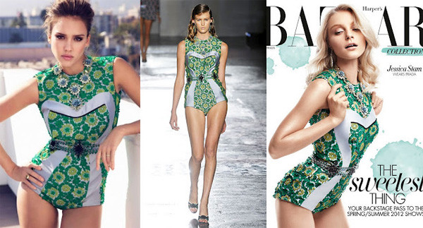 Thiên thần bóng tối' - Jessica Alba (trái) trên tạp chí InStyle và người đẹp Jessica Stam trên Harper Bazaar.