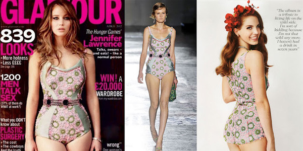 Diễn viên Jennifer Lawrence (trái) diện bộ bodysuit cổ điển xuất hiện trên tạp chí Glamour, Anh, và nữ ca sĩ Lana del Rey (phải) trên tạp chí Vogue, Anh.