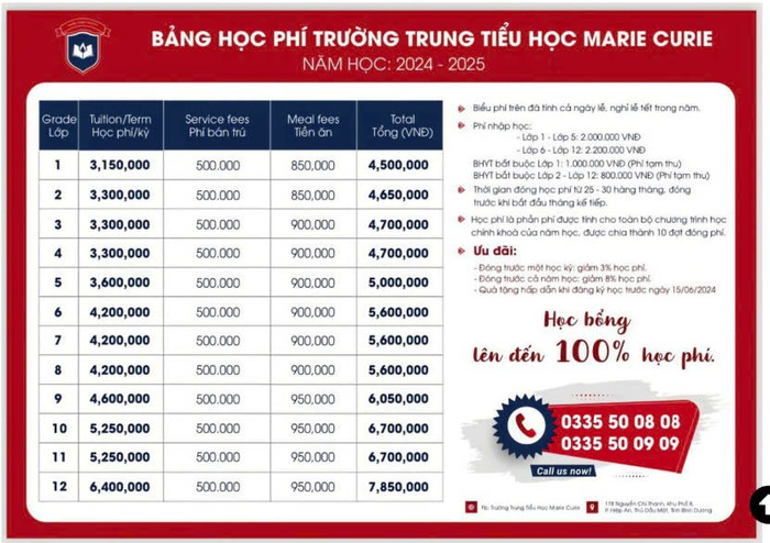 Bảng học phí Trường Tiểu học - Trung học cơ sở - Trung học phổ thông Marie Curie Bình Dương năm học 2024-2025. Ảnh chụp màn hình. Bảng học phí Trường Tiểu học - Trung học cơ sở - Trung học phổ thông Marie Curie Bình Dương năm học 2024-2025. Ảnh chụp màn hình.