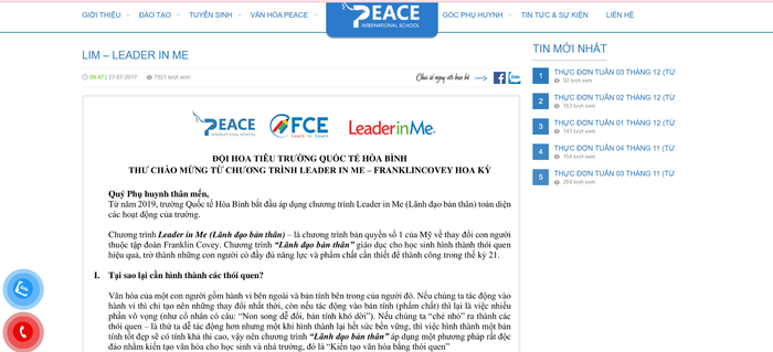 Chương trình Leader in Me (Lãnh đạo bản thân) được giới thiệu trên website nhà trường. Ảnh: chụp màn hình