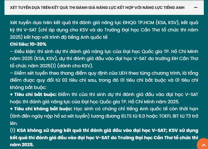Chi tiết phương thức xét tuyển dựa trên kết quả thi đánh giá năng lực kết hợp với năng lực tiếng Anh. Trong đó, KSA là mã trường tại cơ sở thành phố Hồ Chí Minh, KSV là mã trường tại cơ sở tại Vĩnh Long. Ảnh: chụp màn hình screenshot-2025-05-30-152810.png