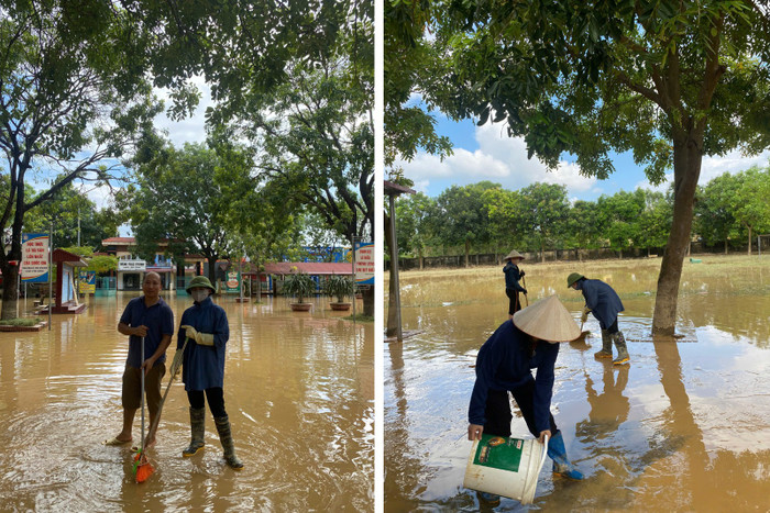 Nước ngập vào toàn bộ sân của Trường Trung học phổ thông Bố Hạ. Ảnh: NTCC bai-dang.png