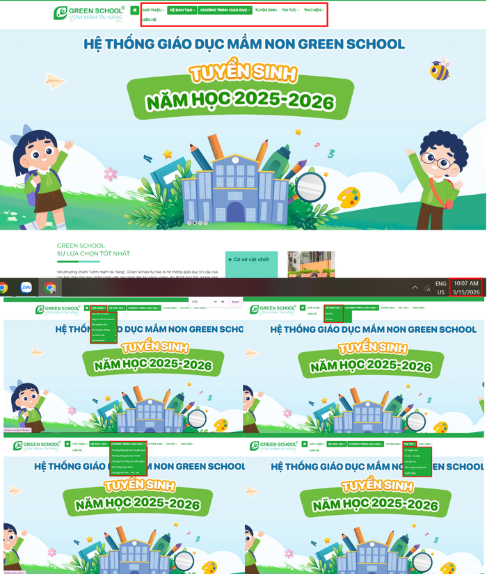 Phóng viên khảo sát tại các mục trên website của trường nhưng không tìm thấy thông tin về báo cáo thường niên. Ảnh chụp màn hình ngày 15/3/2026.