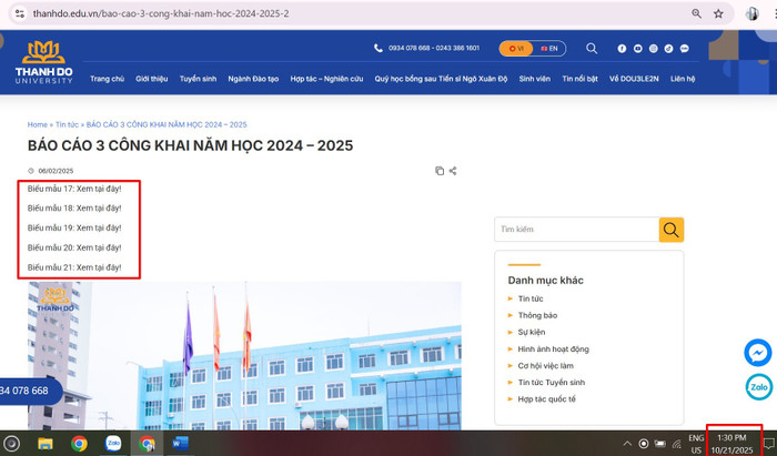Báo cáo ba công khai năm học 2024-2025 đăng ngày 06/02/2025 nhưng không có tệp đính kèm. Ảnh chụp màn hình ngày 21/10/2025. anh-1.jpg