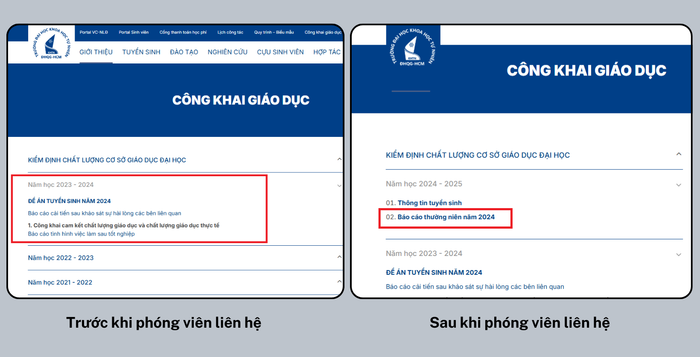 Trước và sau khi phóng viên liên hệ nhà trường đã công bố báo cáo thường niên năm 2024. Ảnh chụp màn hình. cam-dao-anh-ca-nhan-anh-bia-facebook-1.png
