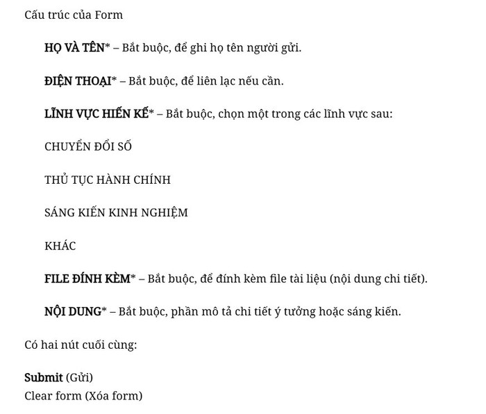 Biểu mẫu điền thông tin dành cho chuyên mục "Ngân hàng ý tưởng số" phường Khương Đình, hỗ trợ người dân, doanh nghiệp và cán bộ đóng góp ý tưởng, sáng kiến phát triển địa phương. Ảnh chụp màn hình. ngan-hang-so.jpg