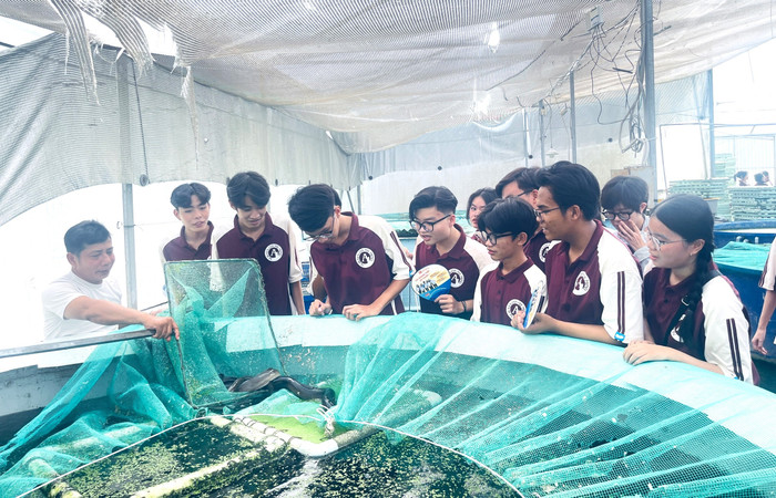 Học sinh Trường Trung Học Phổ Thông Lấp Vò 3 (xã Tân Khánh Trung, tỉnh Đồng Tháp) trong một buổi học trải nghiệm thực tế tại một cơ sở nuôi trồng thủy sản. Ảnh: NTCC. 812144989a9a2cc4758b.jpg