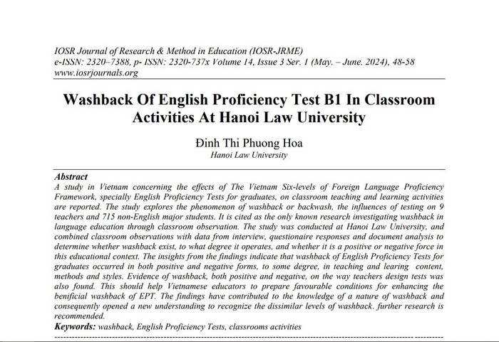 Bài báo "Washback Of English Proficiency Test B1 In Classroom Activities At Hanoi Law University", đăng trên tạp chí IOSR Journal of Research & Method in Education (IOSR-JRME) của cô Hoa. Ảnh chụp màn hình. bai-bao-4.jpg