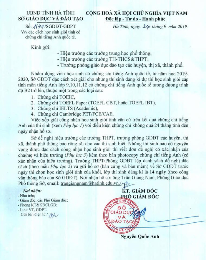 Văn bản hướng dẫn công nhận đặc cách học sinh giỏi cấp tỉnh môn tiếng Anh ở Hà Tĩnh (Ảnh chụp từ màn hình website: hatinh.edu.vn)