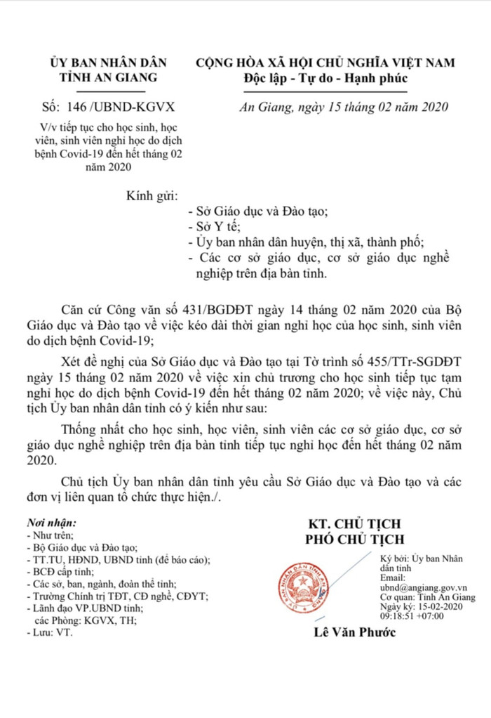 An Giang tiếp tục cho học sinh nghỉ học đến hết tháng 2/2020 (Ảnh: Cổng Thông tin Ủy ban nhân dân tỉnh An Giang) An Giang tiếp tục cho học sinh nghỉ học đến hết tháng 2/2020 (Ảnh: Cổng Thông tin Ủy ban nhân dân tỉnh An Giang)