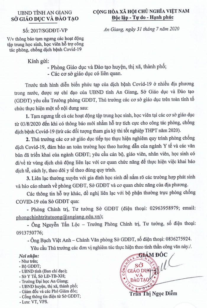 Thông báo của Sở Giáo dục và Đào tạo An Giang (Ảnh chụp website: angiang.gov.vn) Thông báo của Sở Giáo dục và Đào tạo An Giang (Ảnh chụp website: angiang.gov.vn)