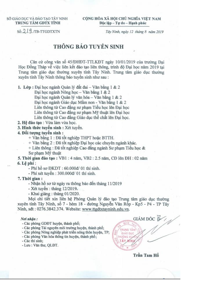 Thông báo tuyển sinh chụp từ website của Trung tâm giáo dục thường xuyên tỉnh Tây Ninh