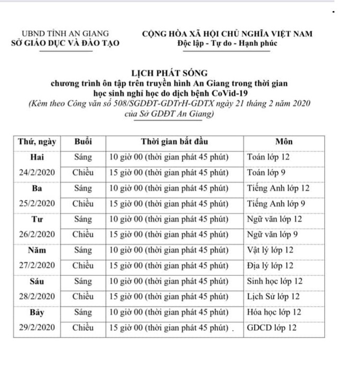 Lịch phát sóng được thông báo trên wesite của Sở giáo dục và Đào tạo tỉnh An Giang Lịch phát sóng được thông báo trên wesite của Sở giáo dục và Đào tạo tỉnh An Giang