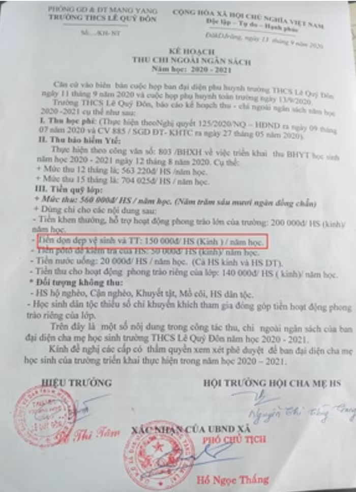 Các khoản thu ngoài ngân sách của Trường trung học cơ sở Lê Qúy Đôn, ảnh: Báo Văn hóa Các khoản thu ngoài ngân sách của Trường trung học cơ sở Lê Qúy Đôn, ảnh: Báo Văn hóa