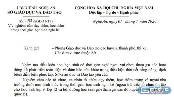 Văn bản cấm dạy thêm, học thêm của Nghệ An (Ảnh: giaoduc.net.vn)
