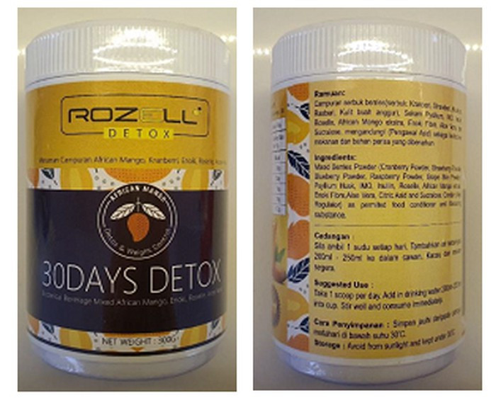 Rozell Detox hộp với thành phần ghi trên nhãn: Mixed Berry Powder (Cranberry Powder, Strawberry Powder, Blueberry Powder, Raspberry Powder, Grape Skin Powder), Psyllium Hulk, IMO, Inullin, Roselle, African Mango extract, Enoki Fibre, Aloe Vera, Citric Acid, Sucrose. Thông tin: VellyGold Beauty (0024 81009-H). No38A, Jalan PSK 8.Pusat Perdagangan Seri Kembangan.43300 Selangor. Sản phẩm bị phát hiện có chứa Sennoside.