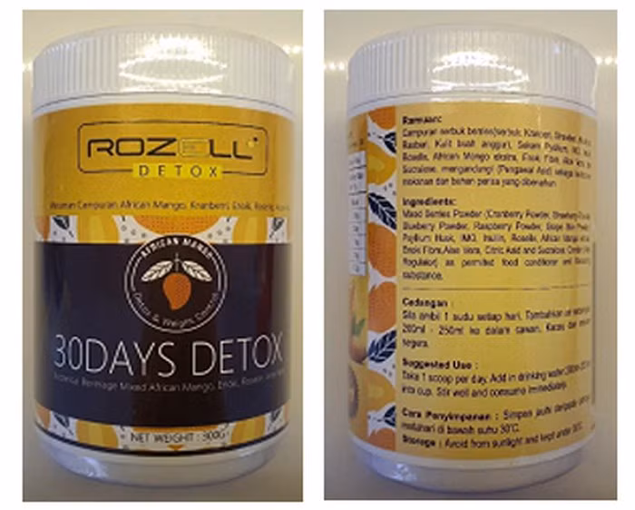 Rozell Detox hộp với thành phần ghi trên nhãn: Mixed Berry Powder (Cranberry Powder, Strawberry Powder, Blueberry Powder, Raspberry Powder, Grape Skin Powder), Psyllium Hulk, IMO, Inullin, Roselle, African Mango extract, Enoki Fibre, Aloe Vera, Citric Acid, Sucrose. Thông tin: VellyGold Beauty (0024 81009-H). No38A, Jalan PSK 8.Pusat Perdagangan Seri Kembangan.43300 Selangor. Sản phẩm bị phát hiện có chứa Sennoside.