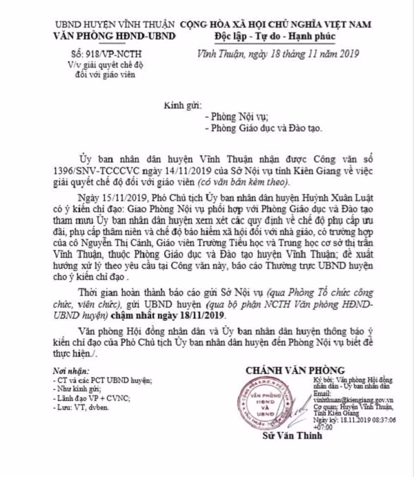 Công văn 918 về giải quyết chế độ giáo viên của Ủy ban nhân dân huyện Vĩnh Thuận.