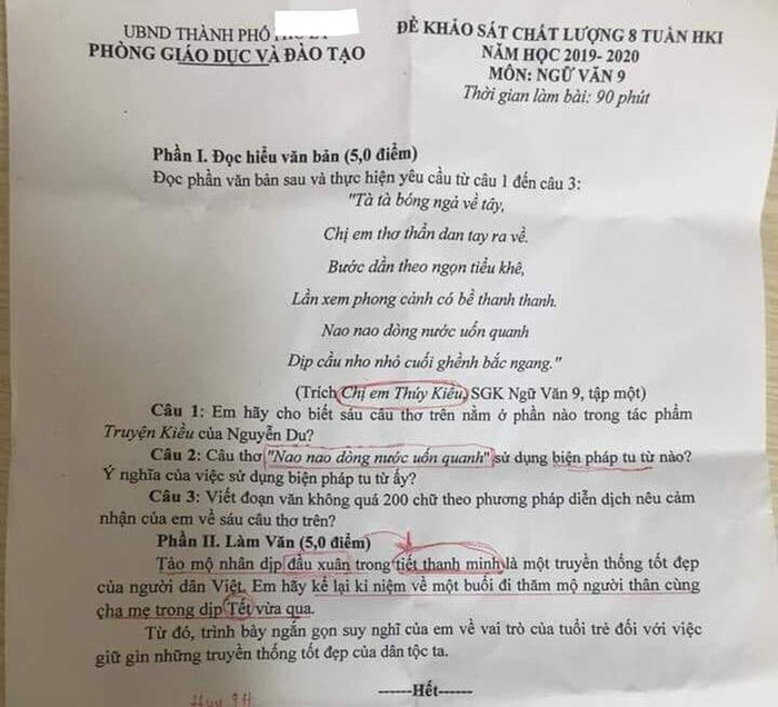 Đề khảo sát chất lượng 8 tuần học kì 1 môn Ngữ văn 9 (Ảnh: Cao Nguyên).