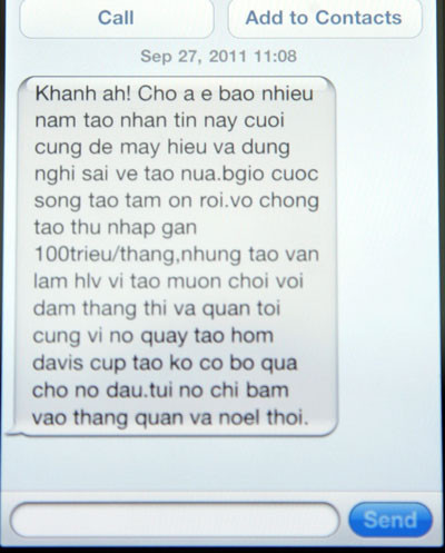 Tin nhắn của HLV Quần vợt VN cho VĐV Quốc Khánh. Tin nhắn của HLV Quần vợt VN cho VĐV Quốc Khánh.
