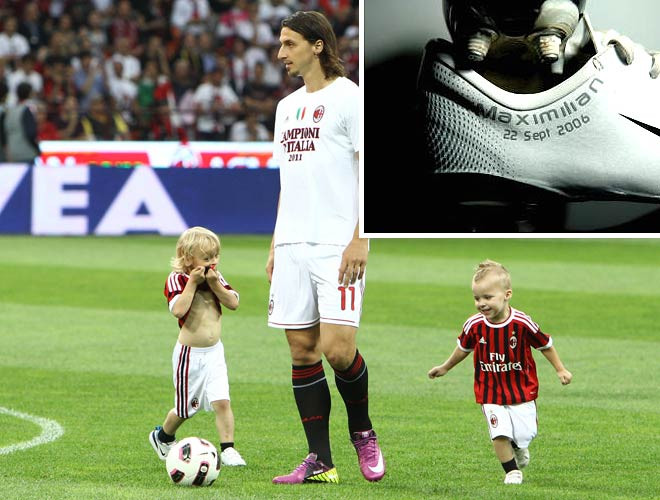 Ibrahimovic viết tên hai thiên thần nhỏ, Vincent và Maximilian, lên giày.