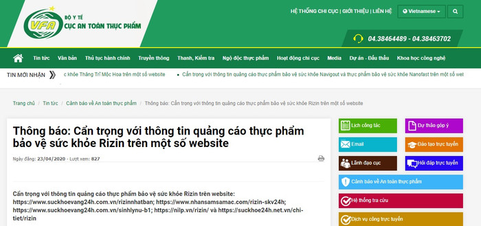 Cục An toàn thực phẩm cảnh báo cẩn trọng với quảng cáo thực phẩm bảo vệ sức khỏe Rizin trên một số website. ảnh: TrD. Cục An toàn thực phẩm cảnh báo cẩn trọng với quảng cáo thực phẩm bảo vệ sức khỏe Rizin trên một số website. ảnh: TrD.