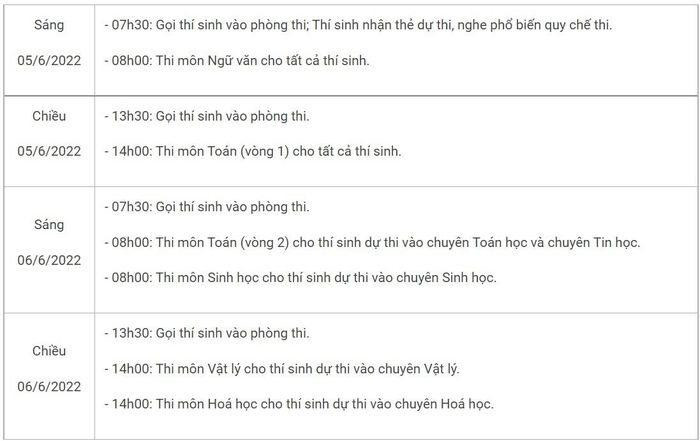 Lịch thi tuyển sinh lớp 10 năm 2022-2023 Trường Trung học phổ thông chuyên Khoa học Tự nhiên. Lịch thi tuyển sinh lớp 10 năm 2022-2023 Trường Trung học phổ thông chuyên Khoa học Tự nhiên.