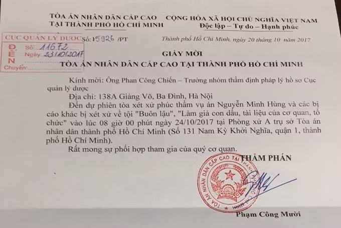Giấy mời tham dự phiên tòa gửi tới ông Phan Công Chiến.