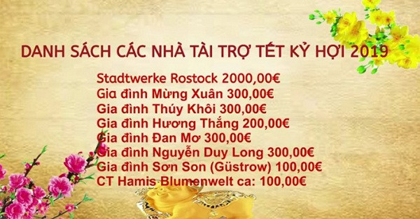 Tên của các tổ chức và cá nhân đã ủng hộ cho ban tổ chức lễ đón tết của người Việt ở Rostock. Tên của các tổ chức và cá nhân đã ủng hộ cho ban tổ chức lễ đón tết của người Việt ở Rostock.