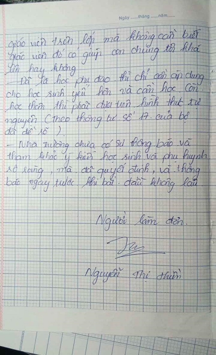 Phụ huynh cho rằng nhà trường chưa có sự thông báo và tham khảo ý kiến phụ huynh mà đã tự ý quyết định (Ảnh: tác giả cung cấp). Phụ huynh cho rằng nhà trường chưa có sự thông báo và tham khảo ý kiến phụ huynh mà đã tự ý quyết định (Ảnh: tác giả cung cấp).
