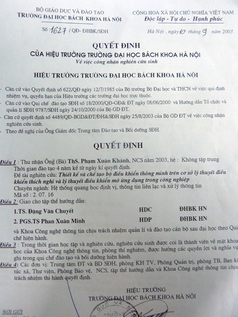 Đơn nghiên cứu sinh của Phạm Xuân Khánh Đơn nghiên cứu sinh của Phạm Xuân Khánh