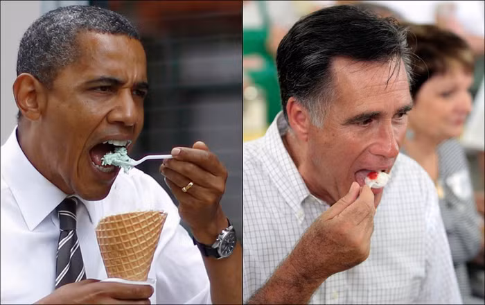 Obama trong khi dừng lại một quán kem ở Cedar Rapids,tiểu bang Iowa. Còn Romney đang thưởng thức kem ở Zanesville, Ohio.
