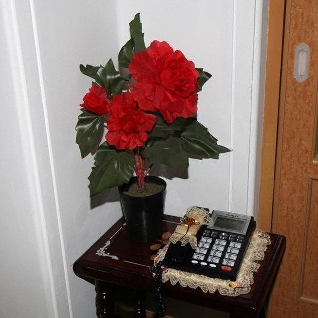 Một góc nhỏ của căn nhà chung cư được trang trí với bình hoa màu đỏ, như một điểm nhấn cho căn nhà.