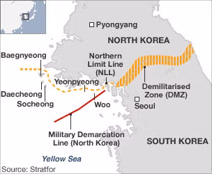 Đường Giới hạn phía Bắc NLL (màu vàng đứt đoạn) là nơi thường xảy ra đụng độ giữa hải quân hai miền