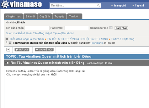 Tại diễn đàn Hàng hải Việt Nam, mọi người phân tích, dự đoán và tranh luận về sự mất tích của tàu Vinalines Queen Tại diễn đàn Hàng hải Việt Nam, mọi người phân tích, dự đoán và tranh luận về sự mất tích của tàu Vinalines Queen