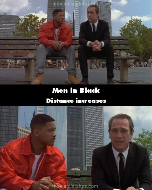 Phim Men in Black (Những người mặc đồ đen), cảnh Will Smith ngồi nói chuyện với Tommy Lee trên chiếc ghế dài, khoảng cách giữa 2 người đã tăng lên ở cảnh thứ nhất so với cảnh thứ hai. Phim Men in Black (Những người mặc đồ đen), cảnh Will Smith ngồi nói chuyện với Tommy Lee trên chiếc ghế dài, khoảng cách giữa 2 người đã tăng lên ở cảnh thứ nhất so với cảnh thứ hai.