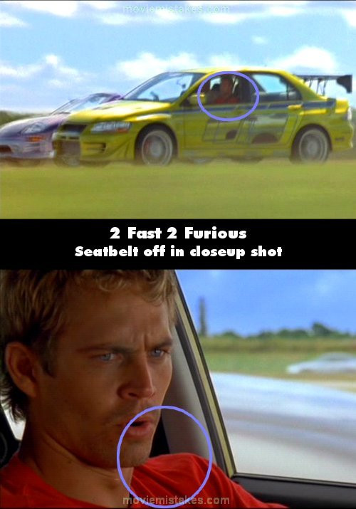 Phim 2 Fast 2 Furious, khi nhìn gần sẽ không thấy Brian thắt dây bảo hiểm nhưng nhìn xa thì có Phim 2 Fast 2 Furious, khi nhìn gần sẽ không thấy Brian thắt dây bảo hiểm nhưng nhìn xa thì có