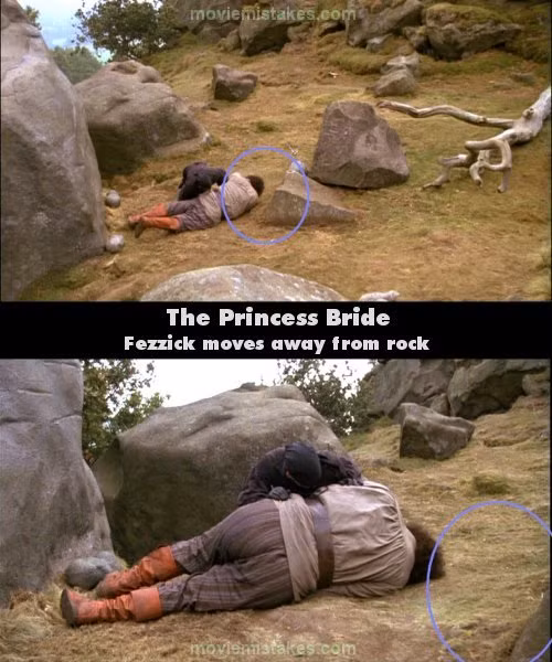 Phim The Princess Bride (Nàng công chúa đã hứa hôn), cảnh Fezzik ngã xuống đất sau khi đánh nhau với Westley, có một hòn đá to ở bên cạnh anh. Tuy nhiên, ở cảnh kế tiếp, hòn đá này đã... tự dịch chuyển ra xa anh so với lúc trước đó. Phim The Princess Bride (Nàng công chúa đã hứa hôn), cảnh Fezzik ngã xuống đất sau khi đánh nhau với Westley, có một hòn đá to ở bên cạnh anh. Tuy nhiên, ở cảnh kế tiếp, hòn đá này đã... tự dịch chuyển ra xa anh so với lúc trước đó.